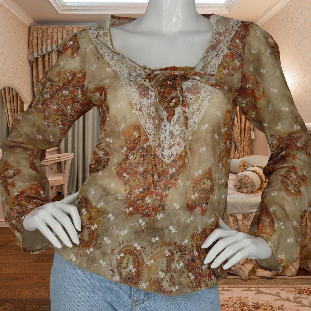 Y2K Sharagano Paris Embroidered Lace Paisley Floral Top M